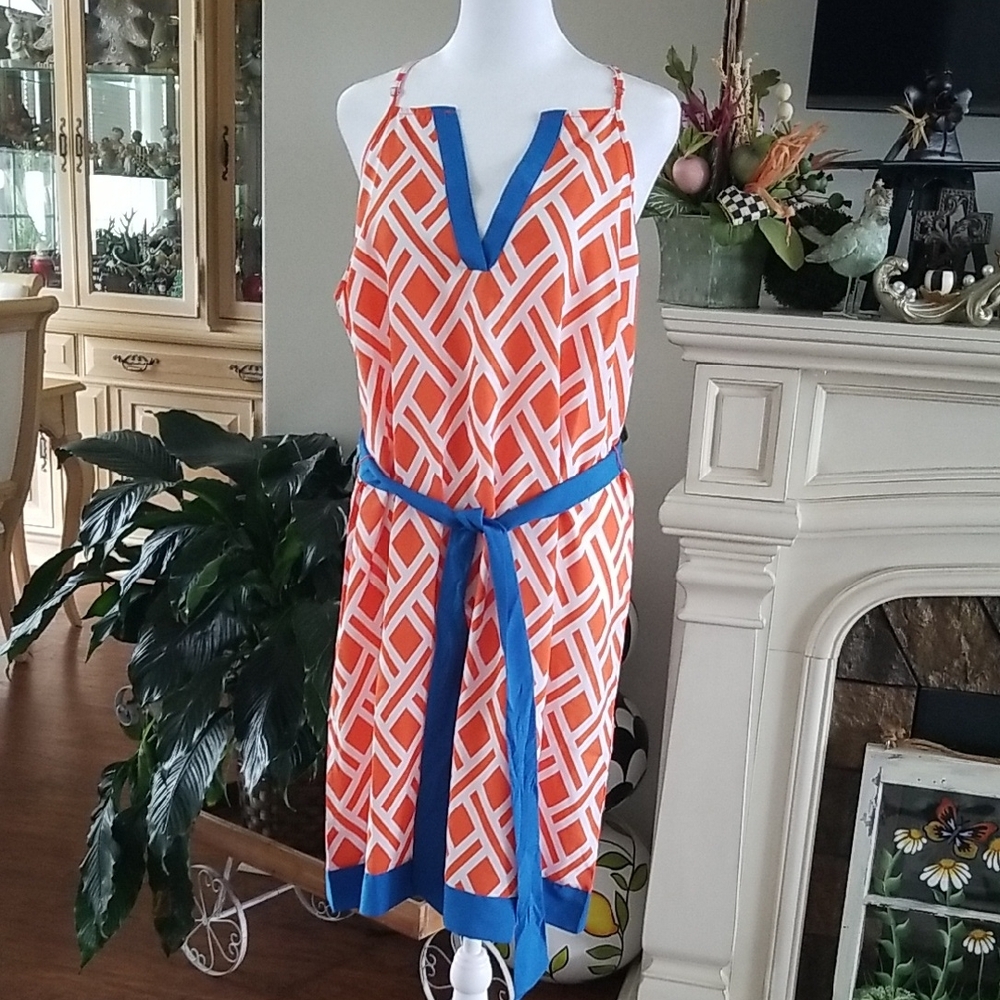 Mud Pie Vivid Orange and Blue Patterned Midi Dress